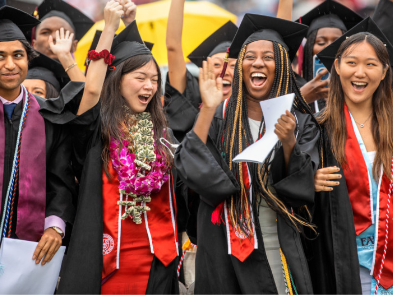 Cornellians celebrate at graduation, their expressions ecstatic. 